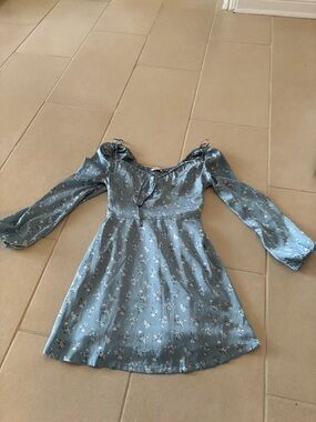 Hollister Blue Floral Satin Long Sleeve Mini Dress - Smocked Sweetheart - XS